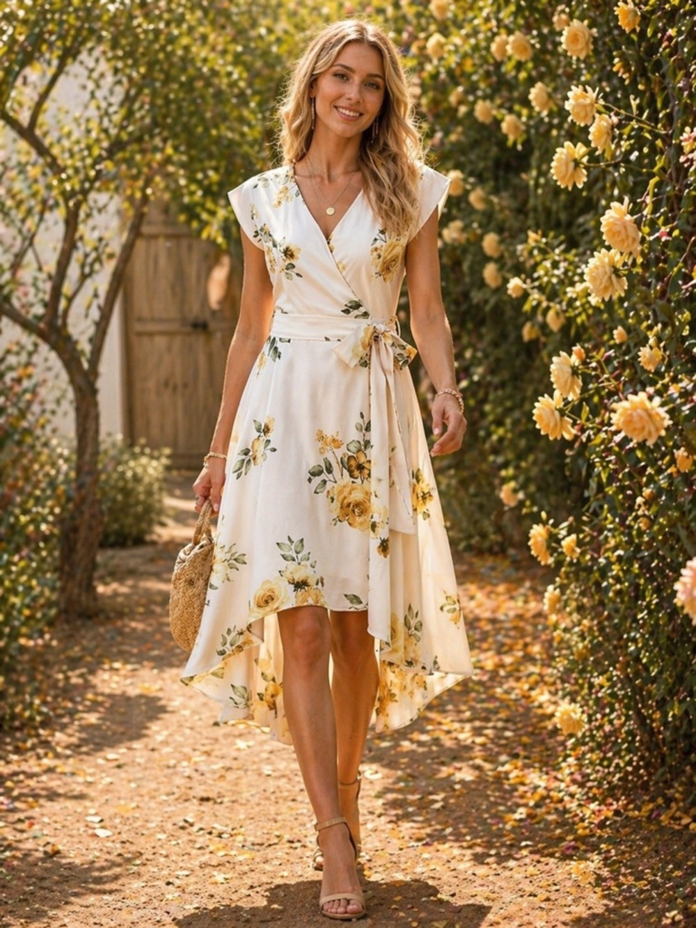 Women’s Ivory Yellow Floral High Low Wrap Dress Belted Fit & Flare